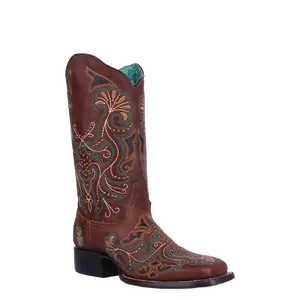 Corral Ladies Tan Embroidery & Studs Wide Square Toe Boots A4485