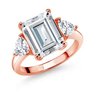 Gem Stone King Gemstone Birthstone and White Moissanite 3-Stone Ring For Women In 18K Rose Gold Plated Silver | Emerald Cut 12X10MM | Trillion 5X5MM | Wedding Anniversary Promise Ring | Sizes 5, 6, 7, 8, 9