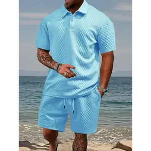 Men's Solid Textured Short Sleeve Polo Shirt & Drawstring Waist Shorts Set, Regular Fit Casual Fashion Cozy Breathable Two-piece Outfits For Daily Outdoor Wear, Men Clothes For Summer