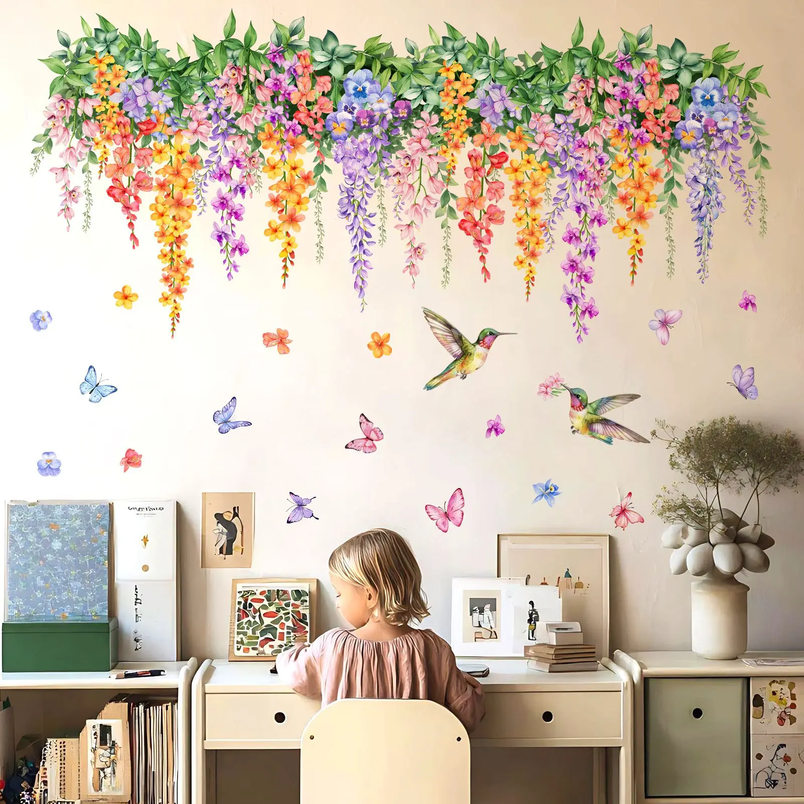 A set (30*90cm*2pcs) self-adhesive Wall Art Stickers with colorful floral and vine patterns for spring and summer decoration in living rooms, hallways and corridors Home Decor Decorative Stickers