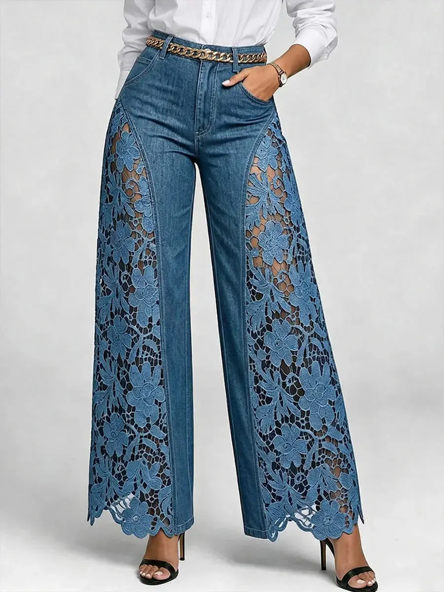 ChicCurve Women's Trendy High Waisted Wide Leg Jeans, Elegant Floral Lace Patchwork Detail, Stylish Relaxed Fit Denim Pants for Fashionable Casual, Vacation & Chic Street Outfits