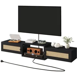 Modern Rattan Floating TV Stand with Doors,Wall Mounted TV Shelf for TVs up to 55 Inches,Media Console Entertainment Center for Under TV Storage Cabinet for Living Room Bedroom,Black UWST012B