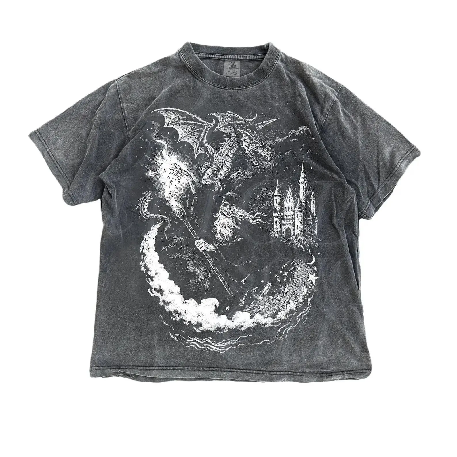 Vintage Wizard Dragon T Shirt Gothic Fantasy Castle Graphic Tee Sorcerer Magic Retro Vintage Acid Wash Medieval Witchcraft Unisex Tshirt Gift