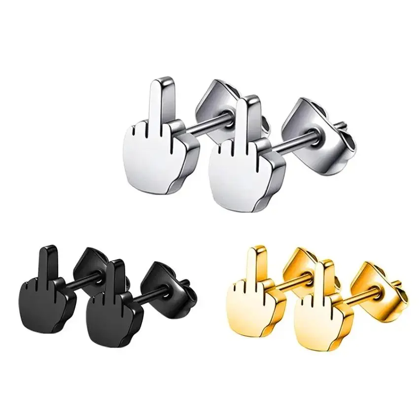 Punk Style Stainless Steel Hoop Earrings with Middle Finger Design - Unisex Rhodium-Plated Anti-Rust Copper Casual Jewelry (Silver, Black, Gold)