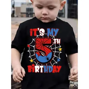 Boys' 5th Birthday Celebration T-Shirt | Cute Cartoon Spider Design, "It's My 5th Birthday" Print, Soft Stretchy Fabric, Round Neck Short Sleeve Top for Spring Summer Fall, Casual Outdoor Play & Daily Wear, Birthday Shirts for Girls
