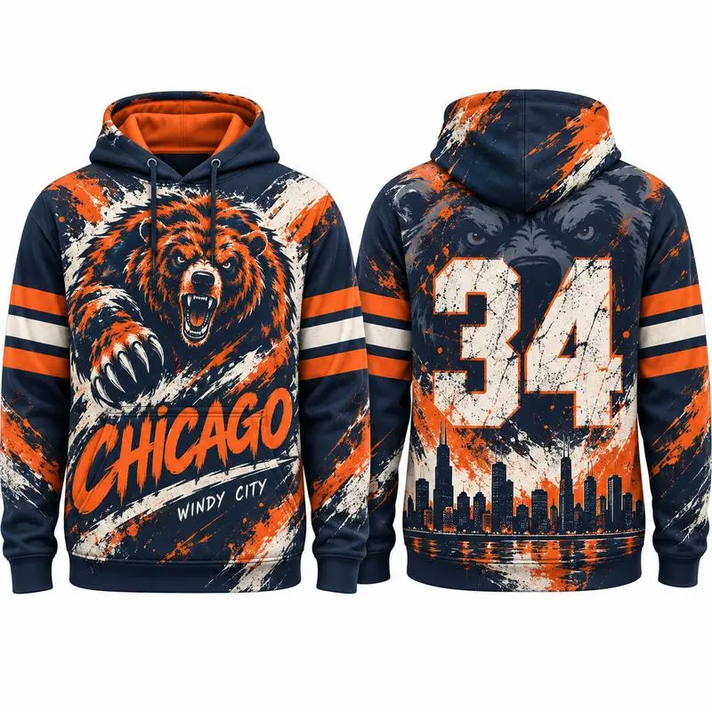 Men's Chicago 34 Graphic Hoodie, Game Day Streetwear Pullover Sweatshirt