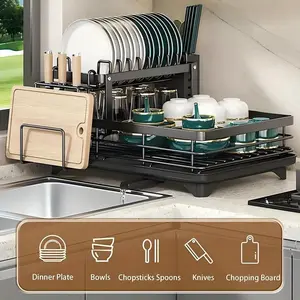 2-Level Dish Drying Rack for Kitchen Countertops, Featuring a Drainboard And Mat, Along with a Holder for Knives, Forks, And Cups. Perfect Gifts for Women And Great Kitchen Gadgets