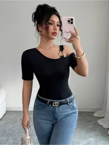 Fashion Women Solid Color Asymmetric Neck Slim T-shirt