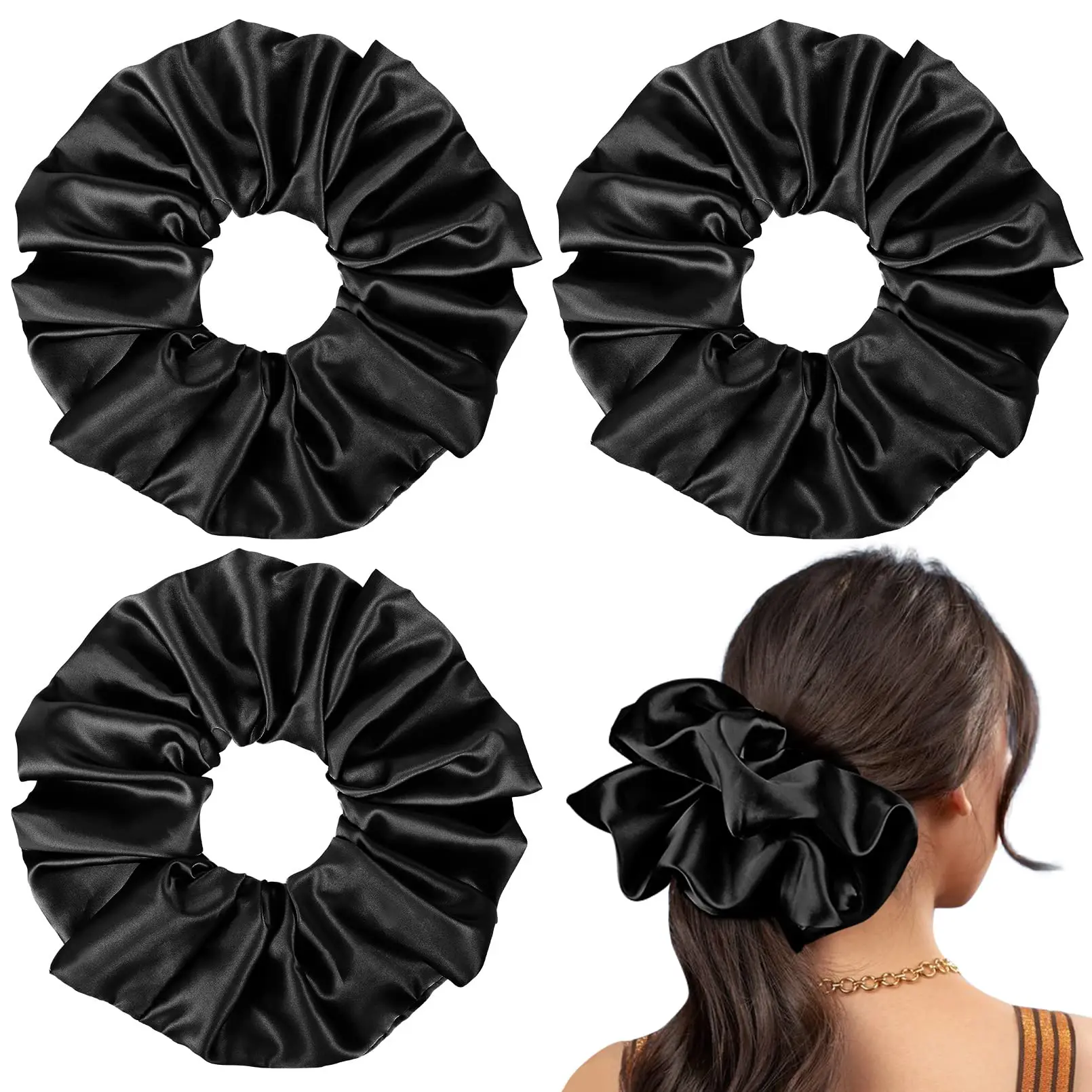 9.5 Inch Silk Scrunchies - Oversized Giant Extra Large Satin Thick Elastic Fluffy Hair Ties For Women And 3 Pack (black)
