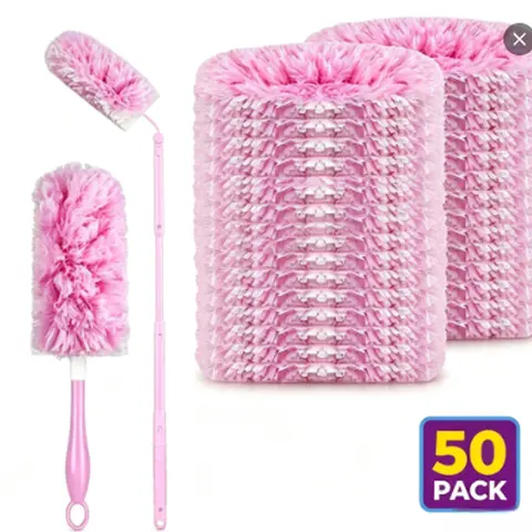 Duster Refills 50 Pack, Microfiber Duster with 1 Short Handle & 1 Extendable Long Handle, Reusable Duster Replacement for Ceiling Fan Blinds Furniture Car Interior Cleaning