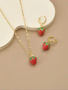 Stylish Coordinated Strawberry Fruit Gift Box Set, Stainless Steel Necklace & Earrings for Women, Elegant Jewelry Accessories