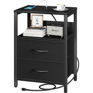 Nightstand with  Station, Small Night Stand with Fabric Drawers and Storage Shelf for Bedrooms, Nightstands for Small Spaces, Bedside Table with USB Ports & Outlets Bed Side Table