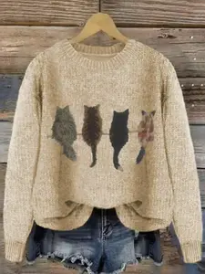 Women's Cat Pattern Knit Sweater, Soft Comfortable Round Neck Pullover, New Design Casual Fashion Lazy Style Top, Knitwear
