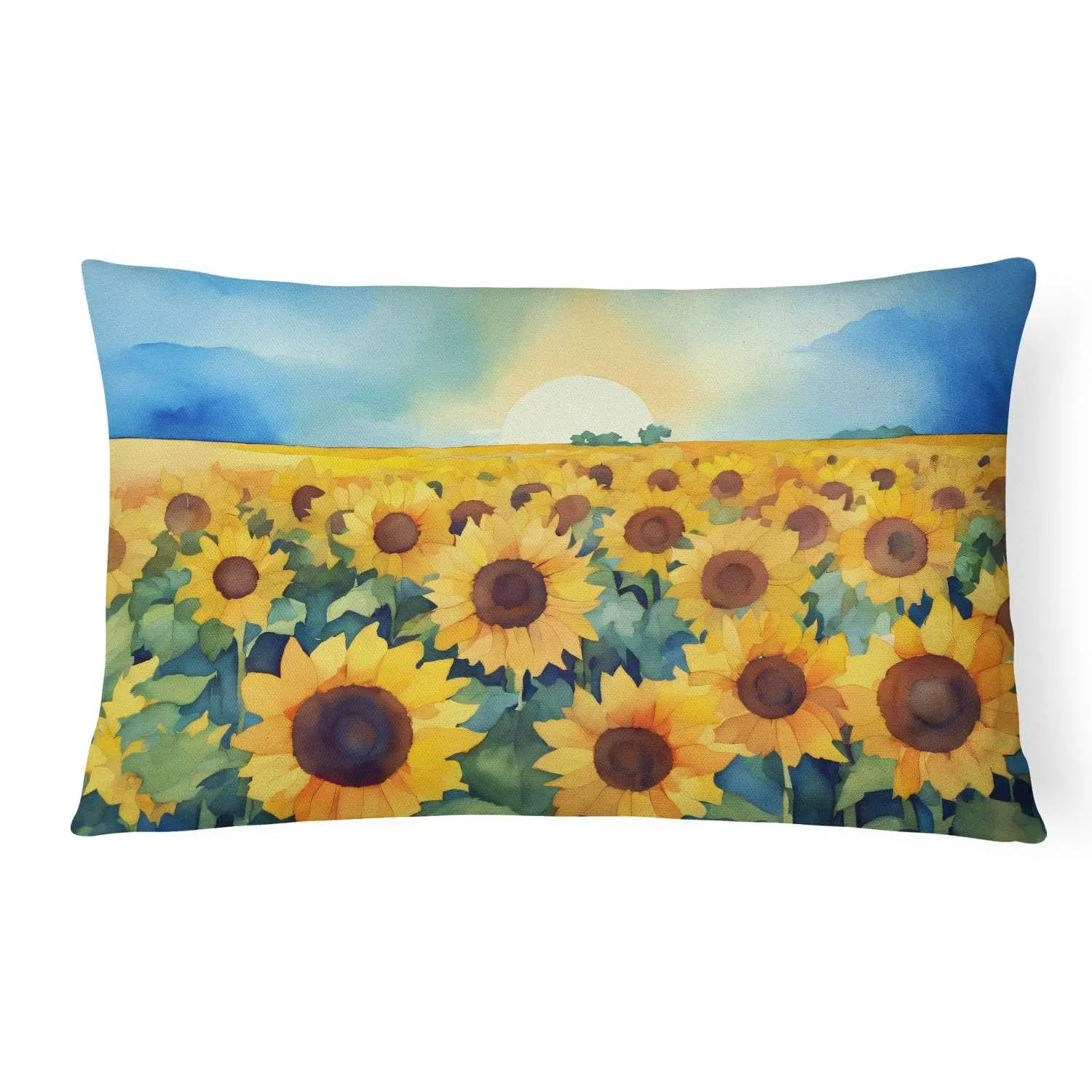 Kansas Sunflowers Watercolor Decorative Pillow, Polyester Fabric, 12x16 in, Water-Resistant for Patios/Porches