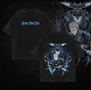 Devil May Cry Vergil The Alpha and Omega Game Anime Manga Washed Cotton T-shirt,graphic tee Hoodie Top Tshirt Casual Black
