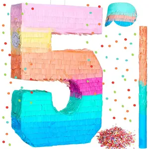 16 Inch Number Piñata for Kids Birthday Party Macaron Piñata with Blindfold Stick and Confetti for Unicorn Birthday Wedding Baby Shower Decor(Number 5)