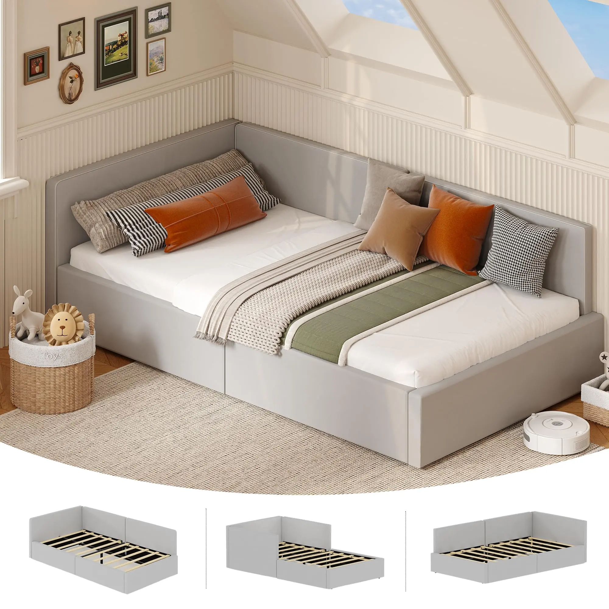 Twin Daybed with Bed Rails, Velvet Upholstered Corner Bed Frame with Headboard, Modern Bed with Guardrail for Living Room, Bedroom, Easy Assembly