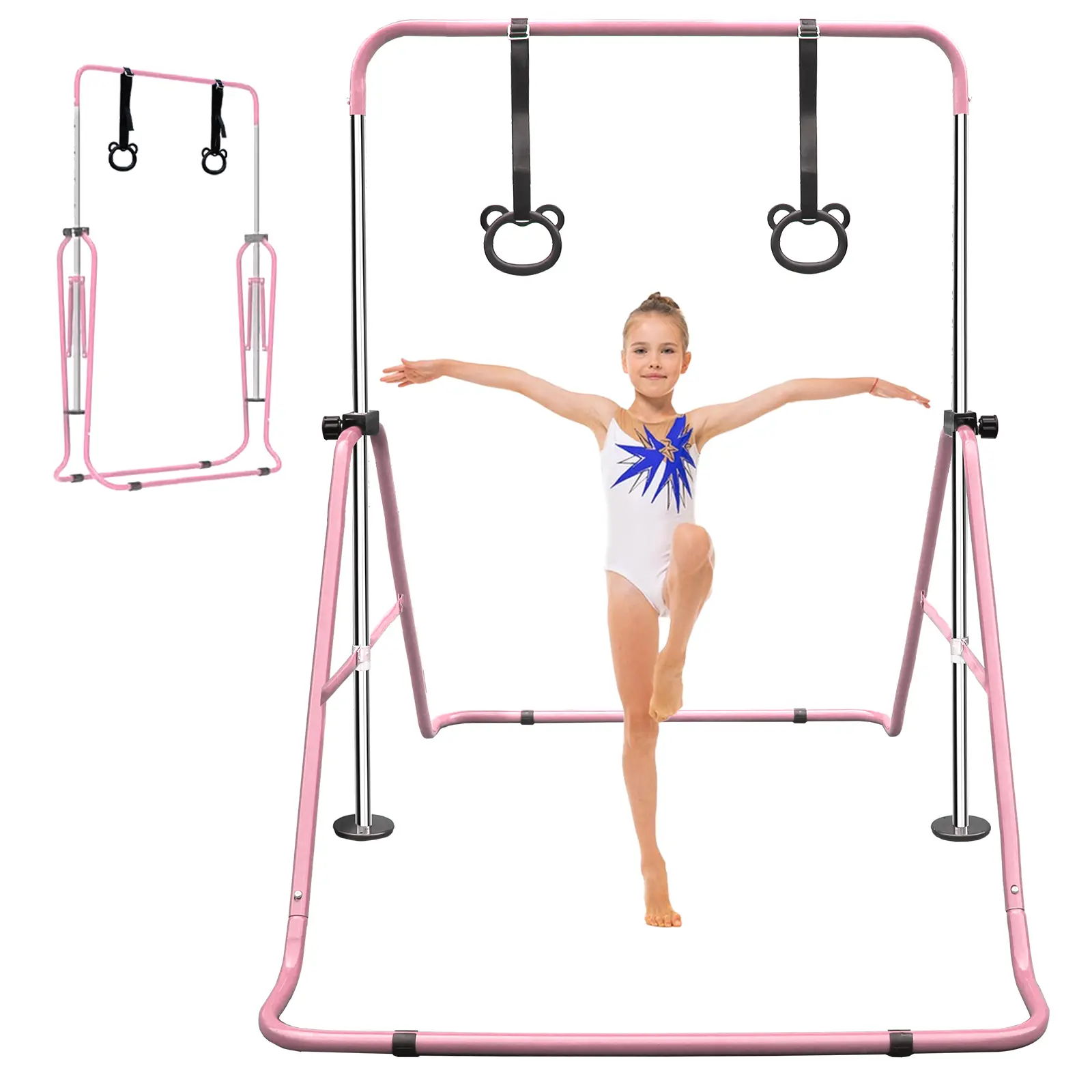 Adjustable Gymnastics Bar for Kids Ages 3-8, Foldable Stainless Steel Horizontal Kip Bar with Bear Ring, Home Training Gym Equipment, 110 lbs Capacity, 41.25" L x 15.25" W x 46.5" H (Folded), Encourages Good Habits, Height Adjust