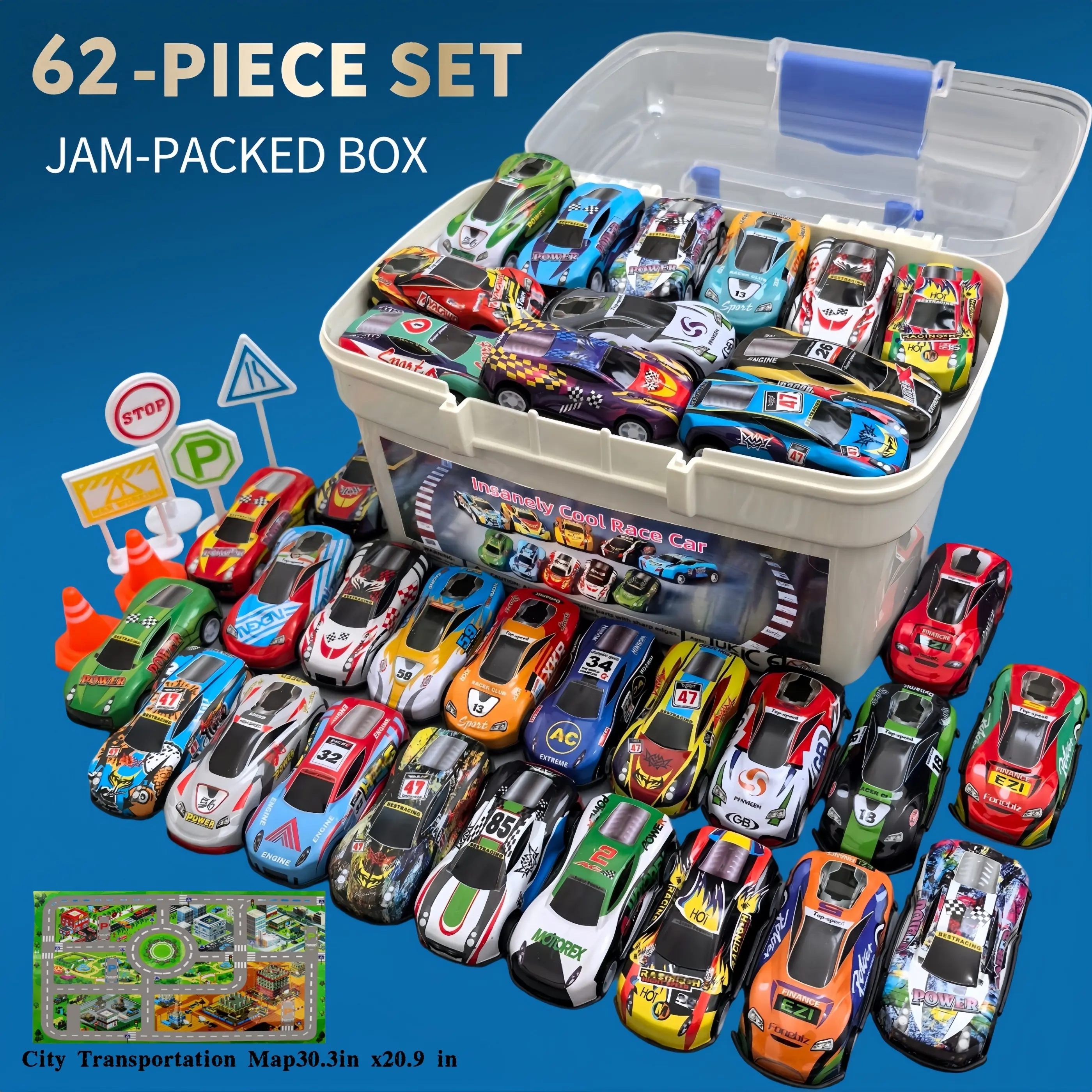 62-Piece Race Car Toy Set with Storage Case & Foldable Play Mat. Pull-Back Metal Die-Cast Race Cars for Ages 3+. Educational & Fun Gift Option, Ideal for School Party Favors, Kids’ Birthdays, Christmas, Thanksgiving and New Year Presents