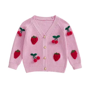 Toddler Baby Girl Cherry Strawberry Crochet Long Sleeve Button Up Cable Knit Sweatshirt Cardigan Sweater Fall Winter Clothes