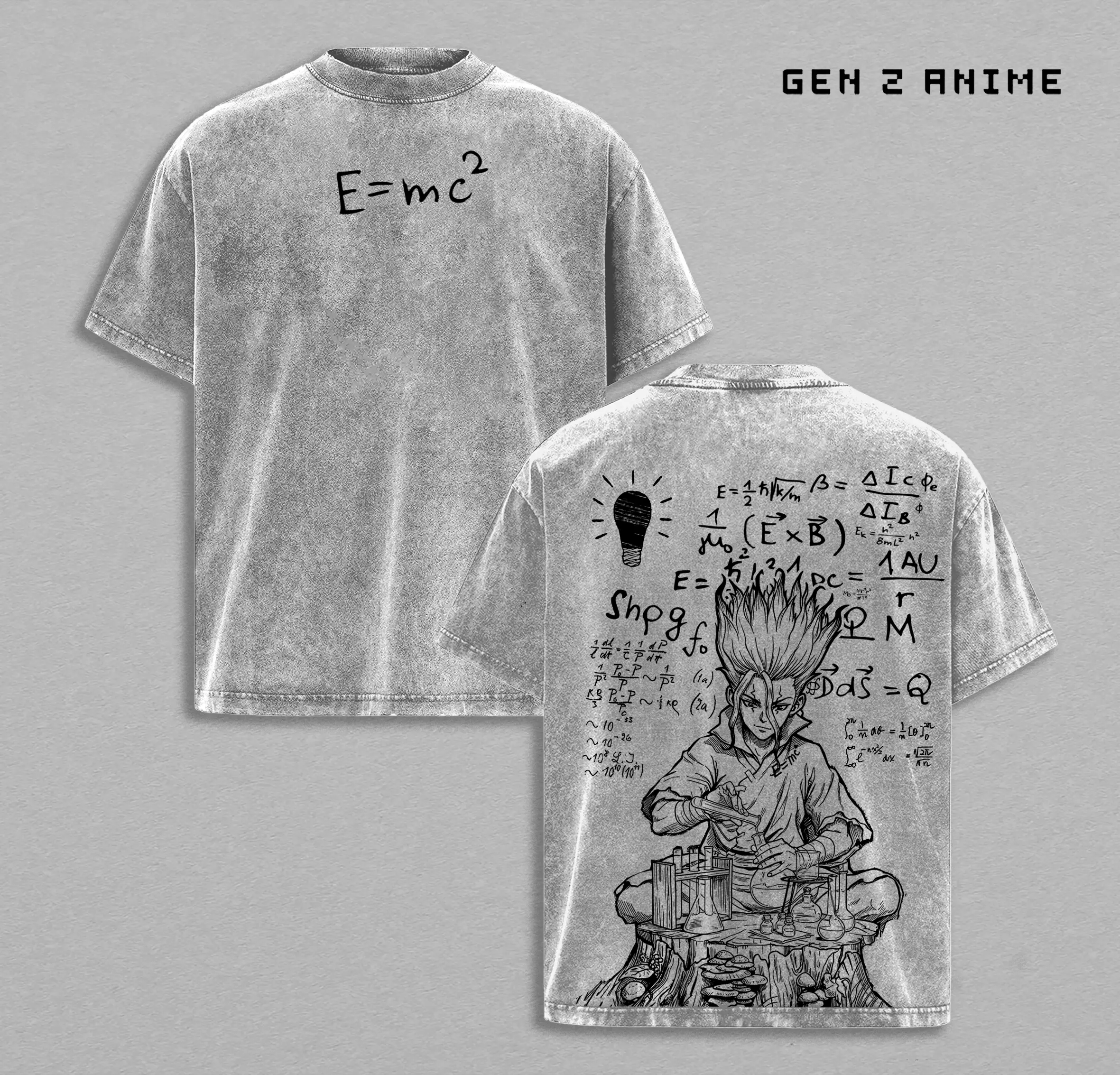 Senku Ishigami Dr. Stone Vintage Washed Oversized Anime Shirt, Science Genius E=mc² Graphic Tee, Kingdom of Science Streetwear, Heavyweight Cotton Unisex Gift