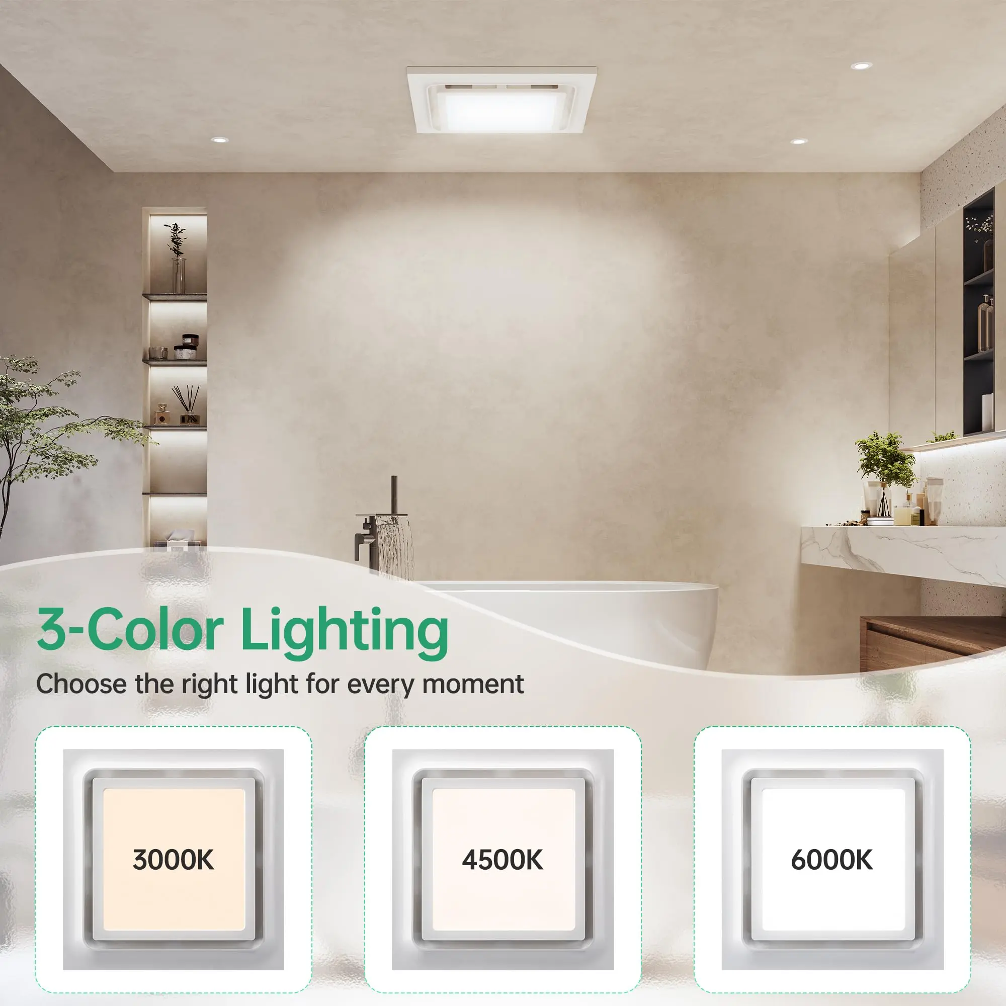 Ceiling Bathroom Exhaust Fan with LED Light - 10in/12in Panel Sizes, 140 CFM High-Power Ventilation, 3-Color Lighting, 1.0 Sone, Energy-Efficient Plastic Ventilator, Easy Install, Remote Control, ABS Panel (Ventilation Systems)