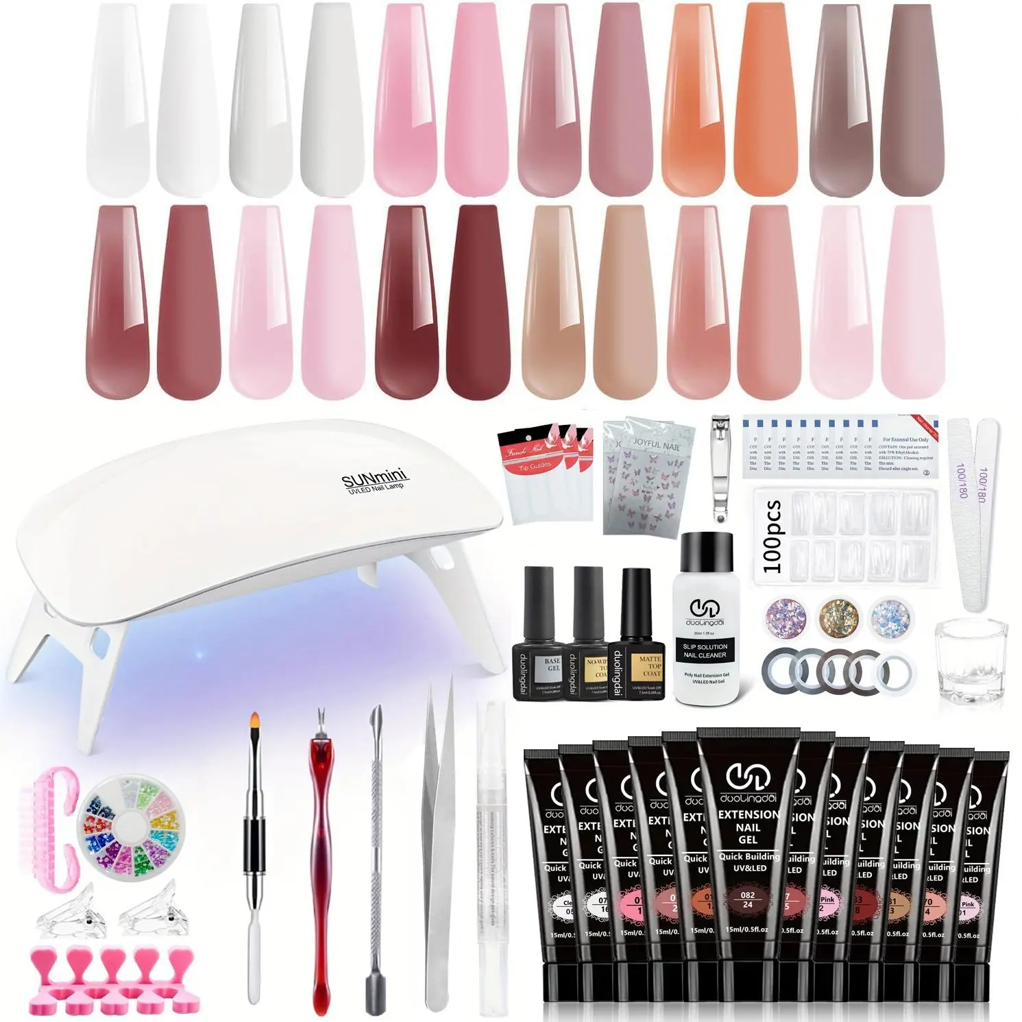 Long-lasting Poly Nail Gel Extension Kit, Polygel Solution Set, Building Gel Set, Nail Extensions, Nail Art, 1 Set 12 Colors Gel with UV Lamp, Nail Strengthen Builder with Soak-Off UV Gel, Manicure Salon Set