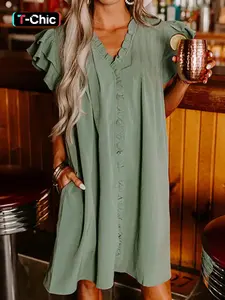 Women's Plain V Neck Dress, Casual Dress for Daily Wear, Ladies Clothes for All Seasons, Casual Everyday Wear