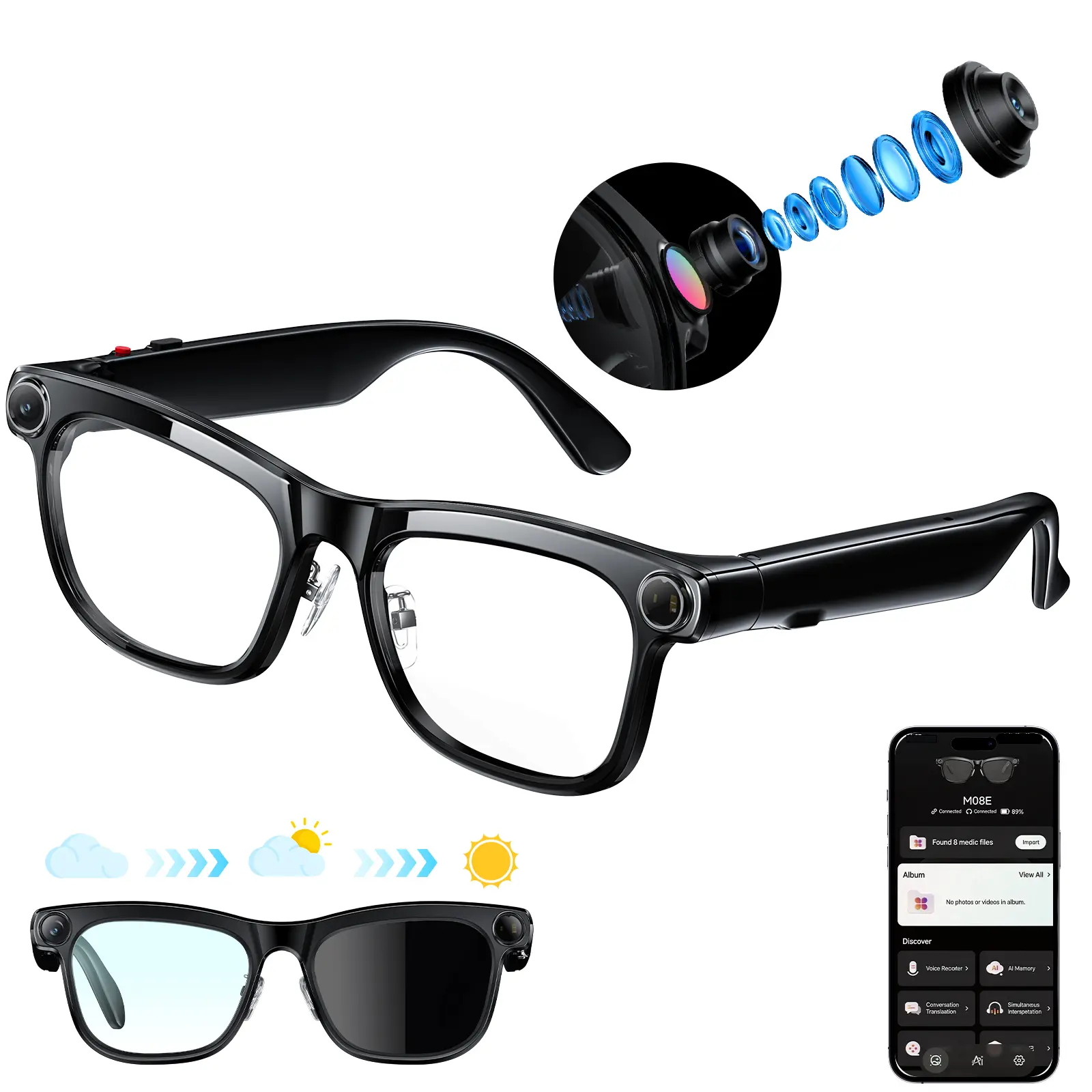 AI Smart Glasses with 13MP Camera, Real-Time Translation, Voice Assistant, Hands-Free 1080P Video, Open-Ear Audio, 3 Interchangeable Lenses
