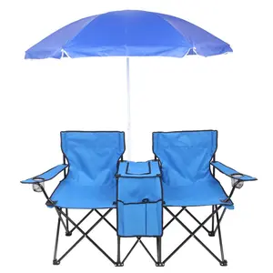 Blue Double Portable Picnic Chair with Removable Umbrella & Cup Holder - Foldable Camping Chair for Outdoor Activities - Perfect Gift for Travelers