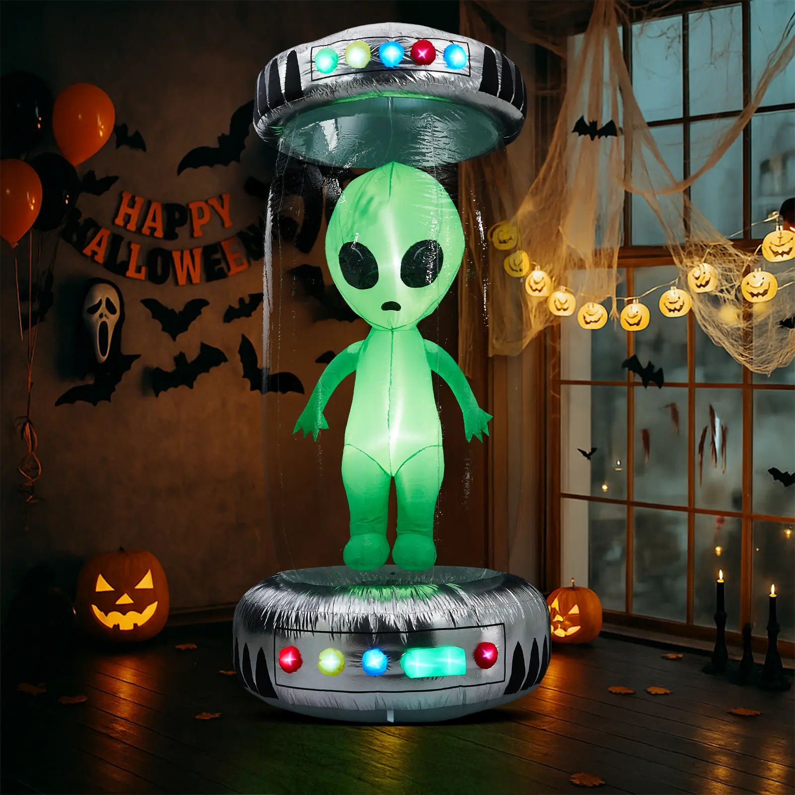 8.2FT Giant UFO Halloween Inflatable with Alien - Animated RGB LED Light Show, Waterproof Outdoor Decor for Yard & Haunted House Includes Stakes & Ropes