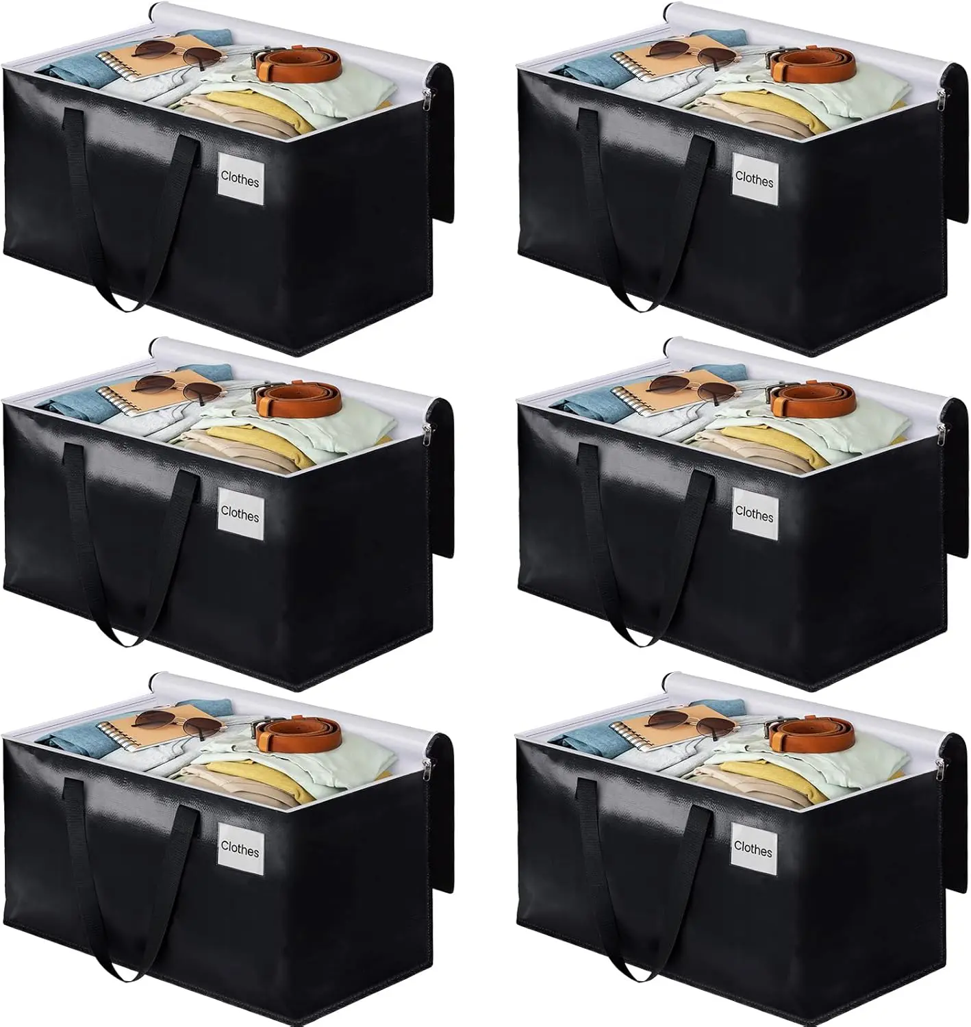 NOELEN GAD 6-Pack Black 93L Foldable Moving Bags - Heavyweight Polyester Fabric Storage Organizer with Zippers, Handles, Space-Saving Moving Supplies Solution
