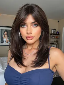 18 Inch Long Straight Dark Layered Synthetic Hair Wig with Bangs, Suitable for Women Daily Party Use, Artificial Hair Extension, Glueless Bangs Wig, Synthetic Material Wigs