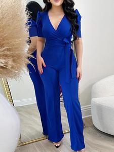 women's solid belted wrap puff sleeve high waist jumpsuit, fitted elegant deep v neck straight leg evening jumpsuit, jumpsuit for women, ladies summer clothes for work office business, formal wear, chic business wear, womenswear