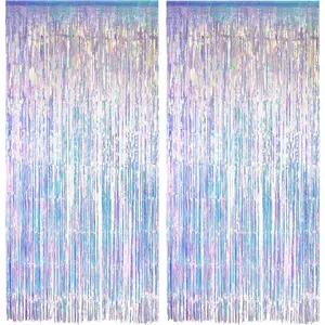 Iridescent Party Streamers Backdrop - Neon Transparent Holographic Tinsel Foil Fringe Curtain for Mermaid/Frozen/Sea/Euphoria/ERAS Party Theme Decorations 3.2ft x 6.5ft 2 PCS