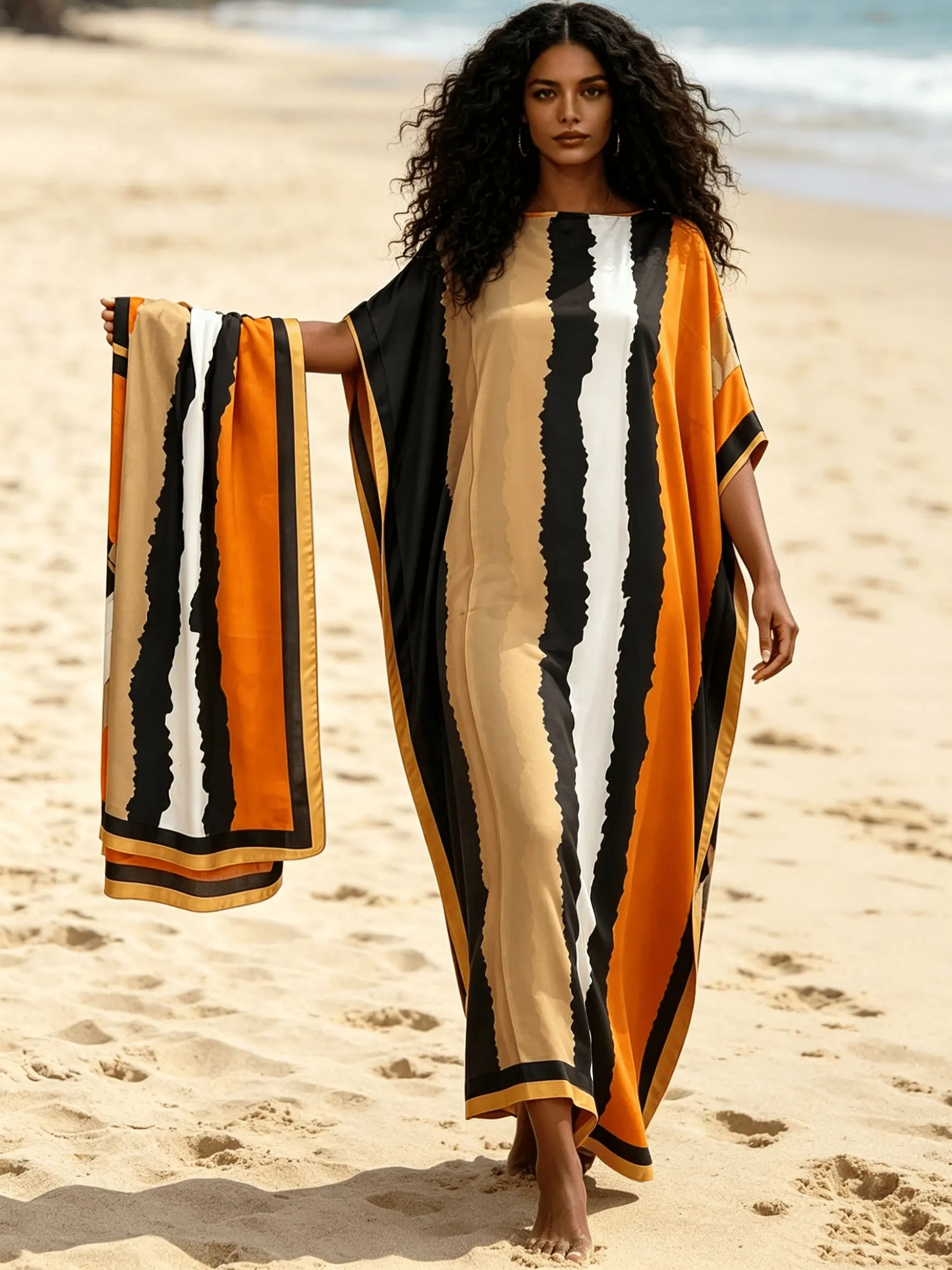 2026 New Women's 2 Piece Orange & Black Vertical Stripe Print Kaftan Maxi Dress with Matching Scarf, Silky Loose Pleated Robe, Plus Size Friendly, Beach Cover Up, Resort Vacation & Evening Party Wear