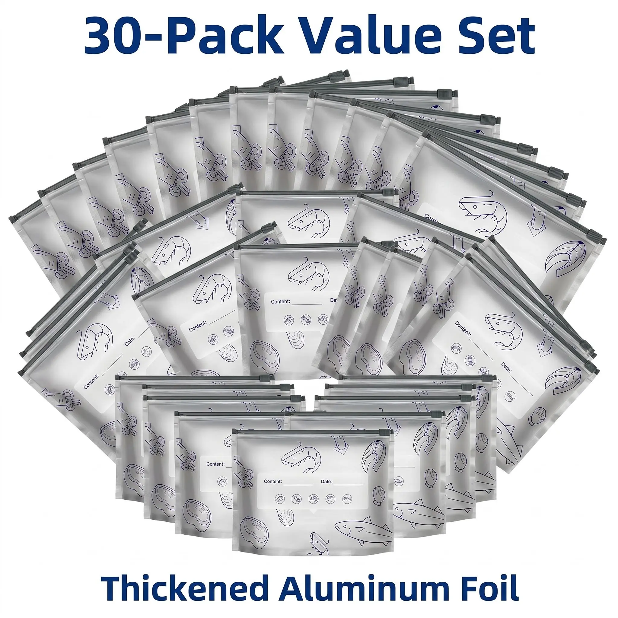 30PCS Reusable Foil Zip Food Storage Bags Set (3 Sizes) - Leakproof, Waterproof, Airtight, Freezer-Safe Containers for Meal Prep, Daily Use | Eco-Friendly Home Kitchen Organizer