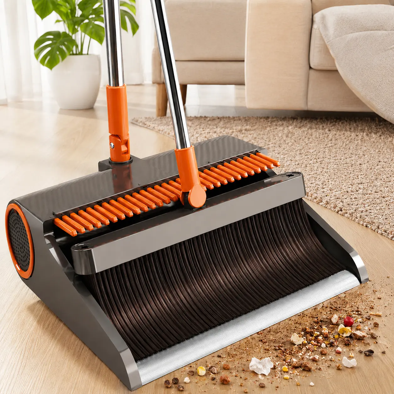 1-Piece Broom and Dustpan Set, 37.4-Inch Handle, 180-Rotating Self-Cleaning Head with Built-In Comb Teeth & 4-Layer Dense Bristles, Foldable PVC Plastic Design, Automatic Dust Pan Brooms for Hard Floor Indoor Home Cleaning, Captures Fur Dander Dust Crumbs