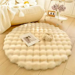 1PC Cloud-Like Plush Round Faux Rabbit Fur Area Rug 35x35 Inch Fluffy Bubble Shag Thick Pile Floor Mat Non-Slip Modern Bedroom Living Room Home Decor Soft Shaggy Circle Carpet Nursery Accent Chair Mat Christmas Gift.Area rug