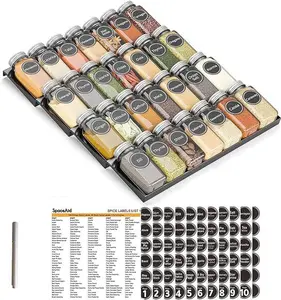 Drawer Organizer with 28 Spice Jars, 386 Spice Labels, 4 Tier Seasoning Rack Tray Insert for Kitchen Drawers, 13" Wide x 17.5" Deep