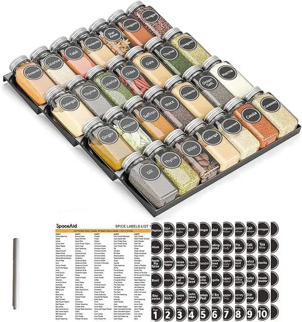 Drawer Organizer with 28 Spice Jars, 386 Spice Labels, 4 Tier Seasoning Rack Tray Insert for Kitchen Drawers, 13" Wide x 17.5" Deep