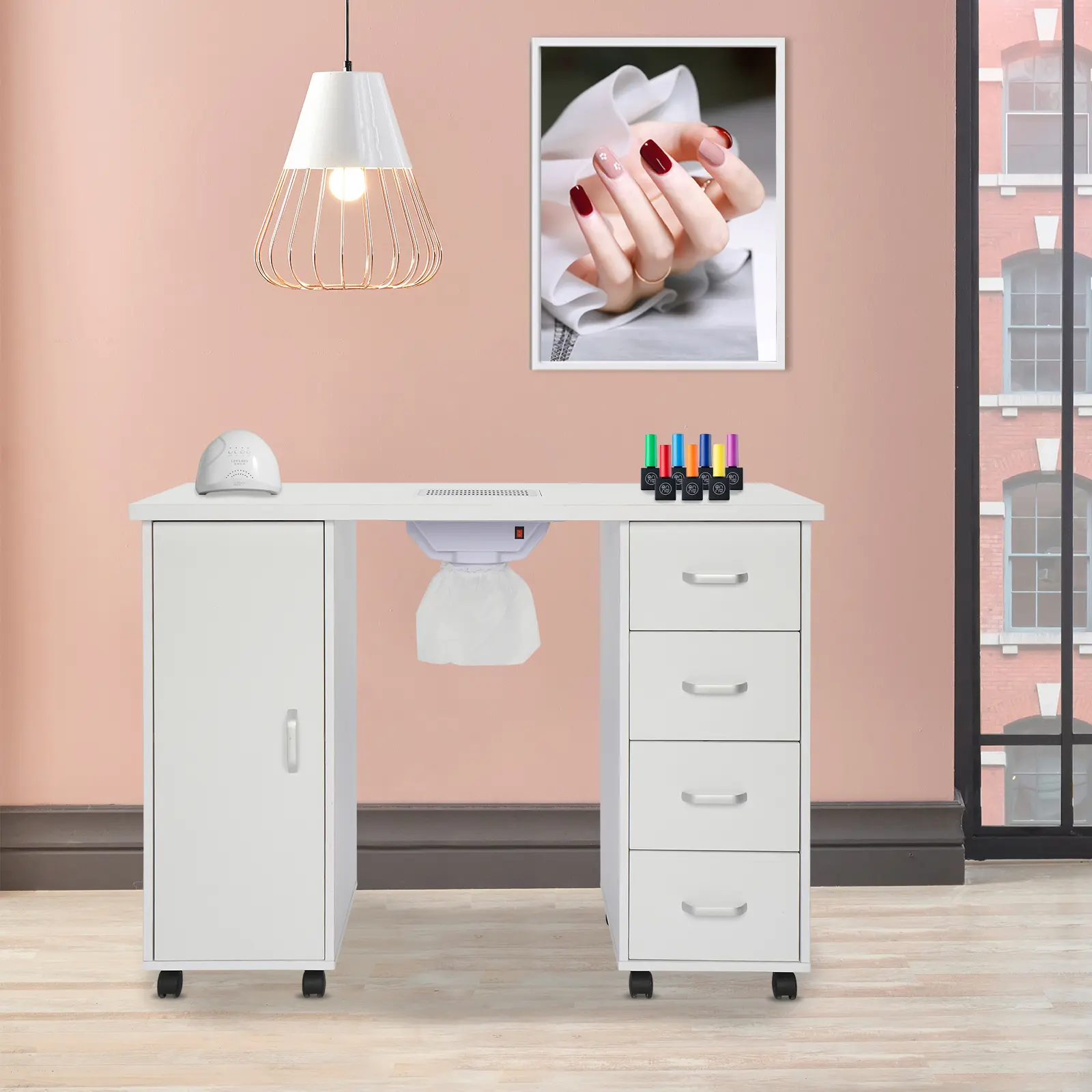 White MDF Rolling Manicure Nail Table Workstation - Built-In Electric Downdraft Dust Collector, Left Single Storage Cabinet Door, Right 4 Removable Drawers, Lockable Casters - Professional Salon Furniture for Beauty Nail Studios