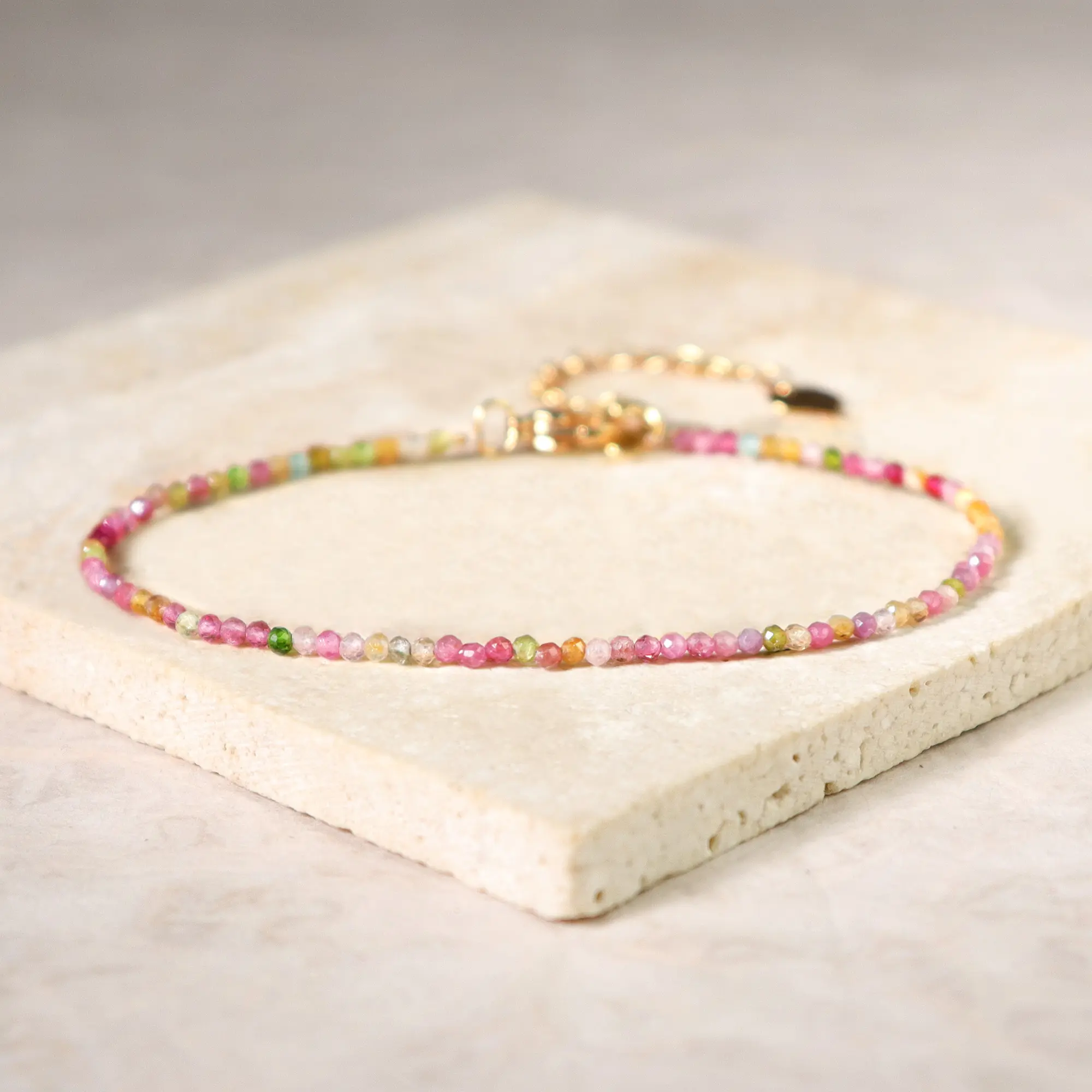 Handmade Dainty 2mm Faceted Watermelon Tourmaline Beaded Minimalist Healing Chakra Crystal Bracelet, Pretty Stone Adjustable Bracelet, Pretty Bracelet