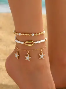 Women's Boho Style Beaded Anklet Set, Dainty Layered Anklet, Beaded Ankle Chain, Plastic Material, Plain Design, No Plating, Summer Beachwear Accessory