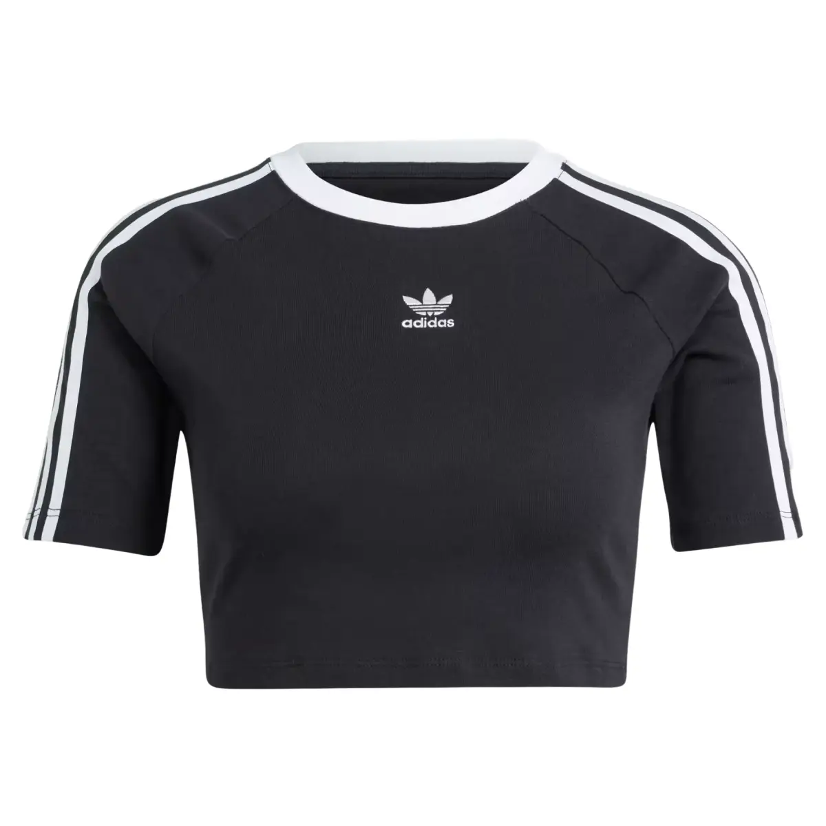 Adidas Women’s Black 3-Stripe Sleeves Stretchy Soft Crop Top - Essential Fitted Crew Neck Baby Tee with Embroidered Logo for Casual Errands, Coffee Runs (Sports & Outdoor Clothing)