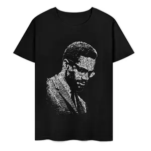 Men'S Graphic Tee-malcolm x black and white portrait, Round Neck, Short Sleeves, Black with Vintage Band Print, All-Season Comfort, Sports enthusiast tee, Suitable for any season shirt