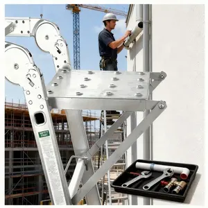 Heavy-Duty Ladder - Sturdy Portable Ladder, Sturdy Structure & Durable Design, Adjustable Height with Anti-Slip Pedals, Anti-Tip Safety Feature, Tray Included, Silver, Construction, Renovation, Warehouse & Home High-Altitude Cleaning