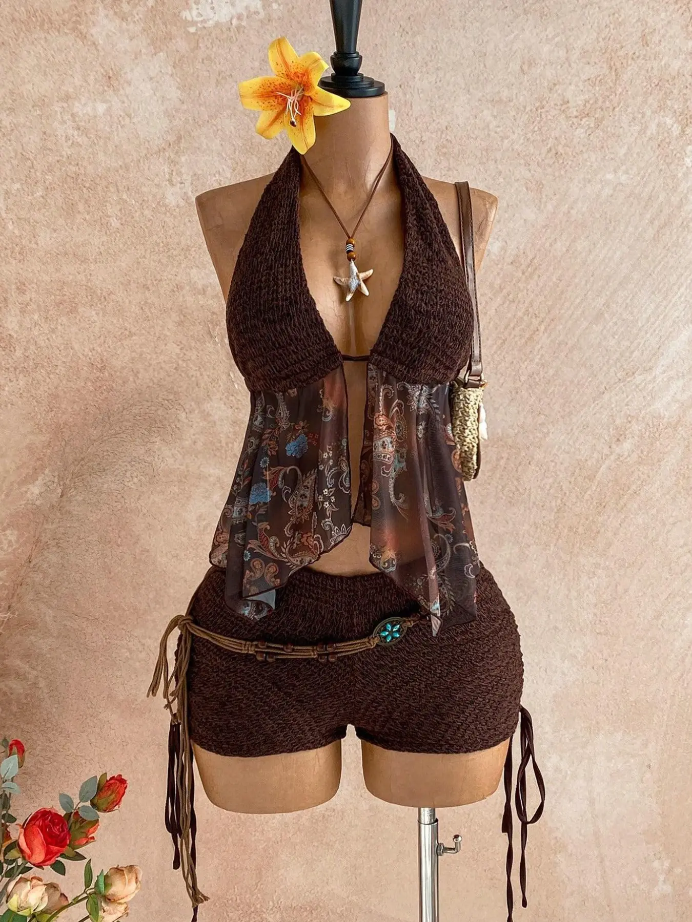 Women's Two-Piece Paisley Fitted Backless Adjustable Tie-Up Top and Low Waist Ruched Drawstring Shorts Set, Womenswear Sexy Fashion for Party, Date, Beach Outfit, Knitted Set Clothes, Knit Shorts Sets, Fitted Clothing Set