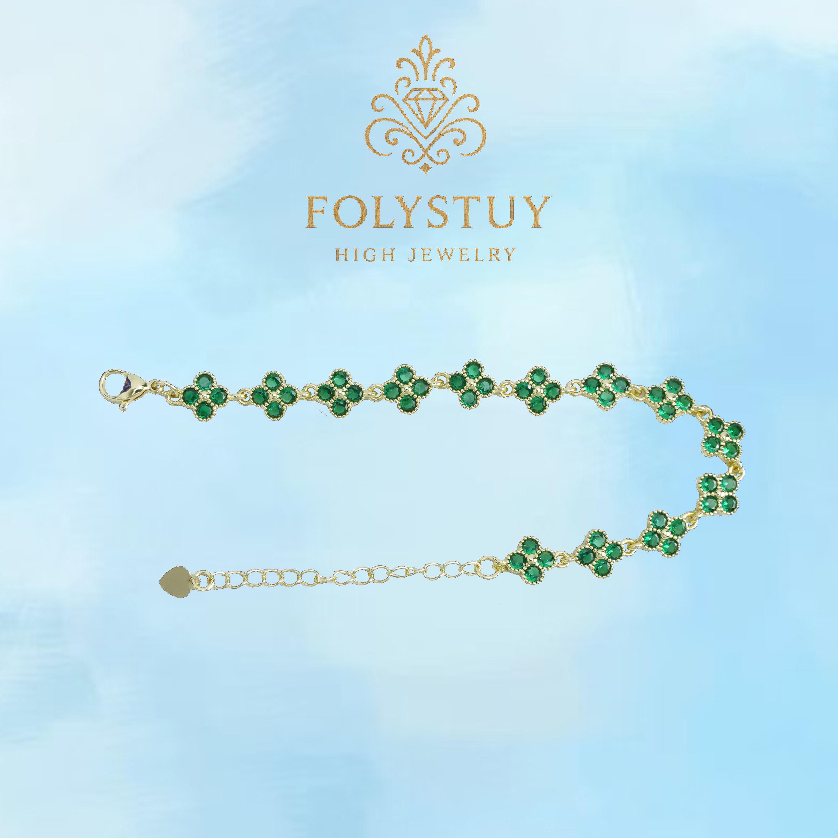 [FOLYSTUY (W182)]Four Leaf Clover Chain Bracelet with Green Stone Accent, 0.35" Width 9.06" Length Adjustable Wrist Jewelry