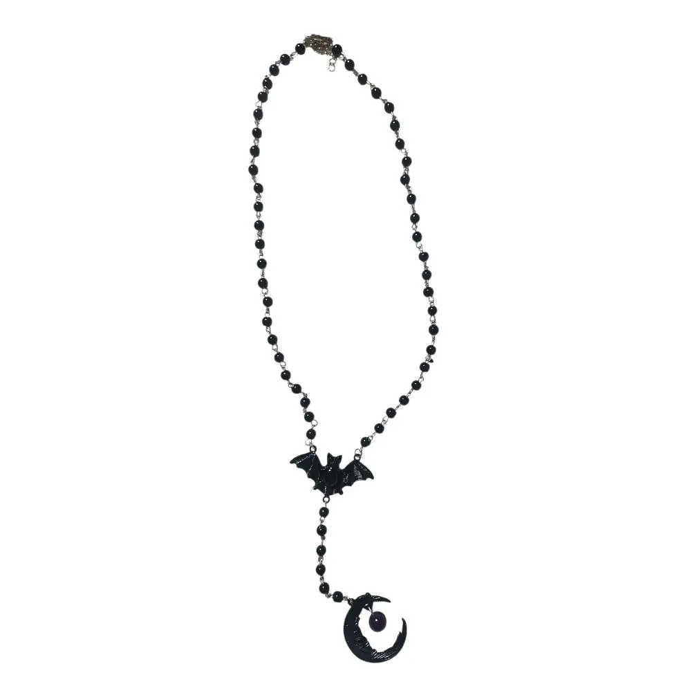 Gothic Bat Rosary necklace, Crescent Moon & Purple Stone Pendant, Gothic Charm Necklace Chain, Chain Jewelry Accessory